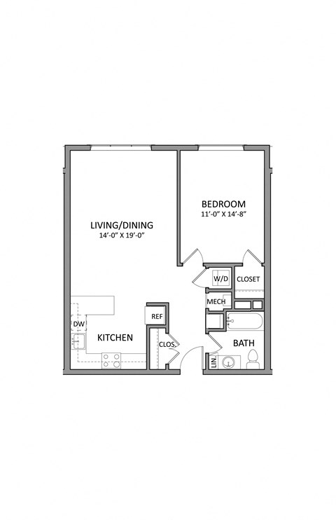 Floor plan for 1 bed, 1 bath, 735 sqft